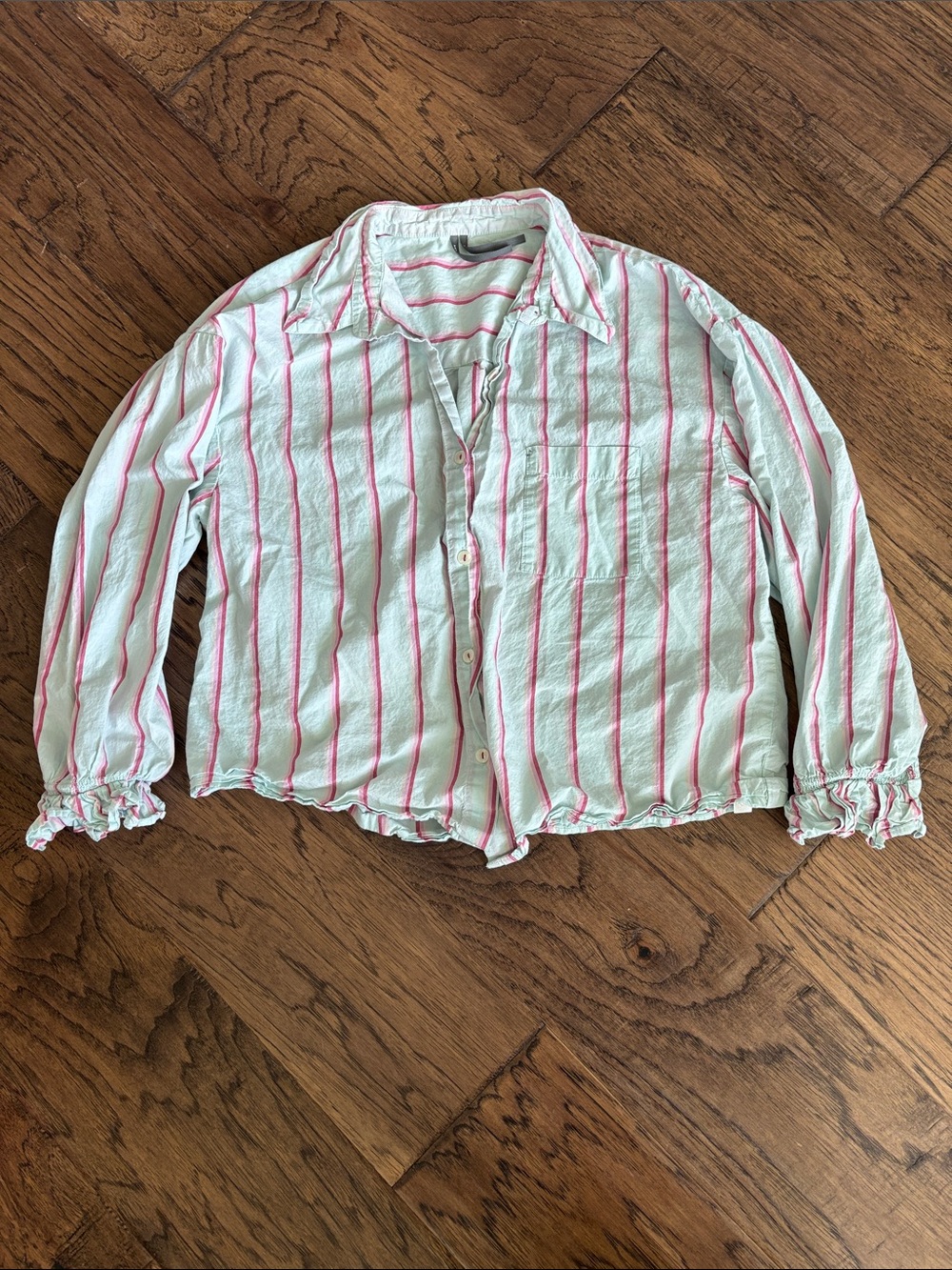 Baby Blue & Pink Striped Button-Up Crop Shirt
